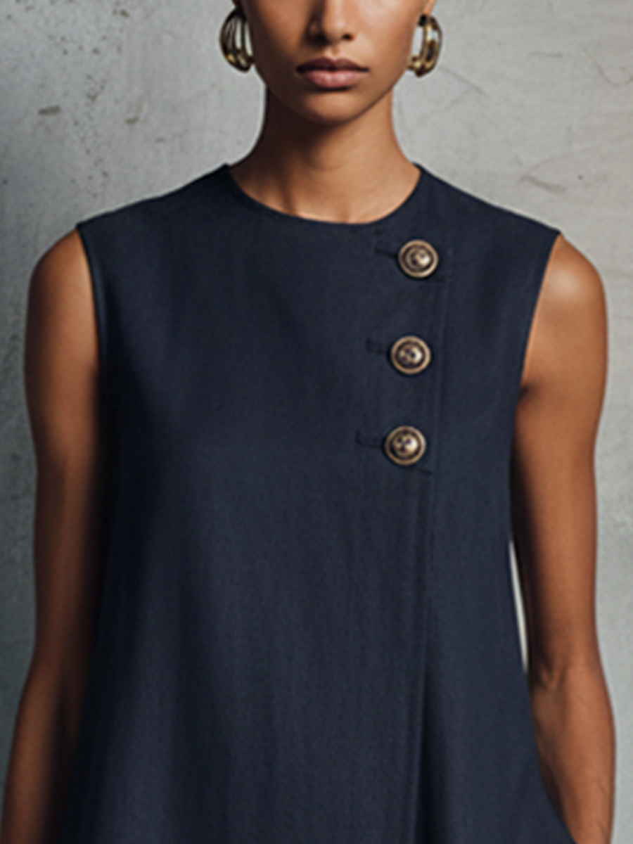 Robe Mini Femme Style Minimaliste Professionnel Bleu Marine en Lin, Col Rond, Boutons Asymétriques, Poche Latérale, Sans Manches MDZ0395F6GMJ