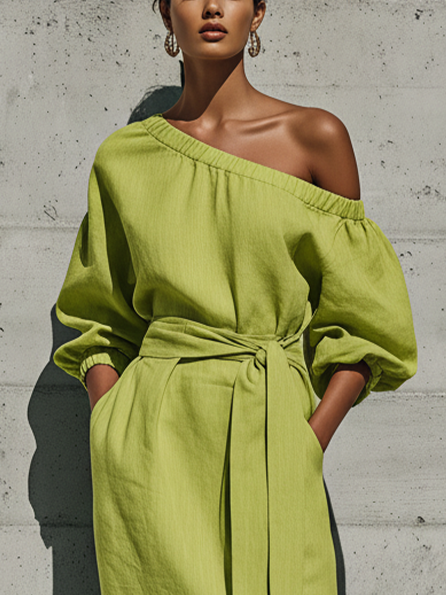 Robe Midi Femme Vert Citron en Lin Mélangé Épaules Dénudées Manches Bouffantes Ceinture Nouée Fente Latérale