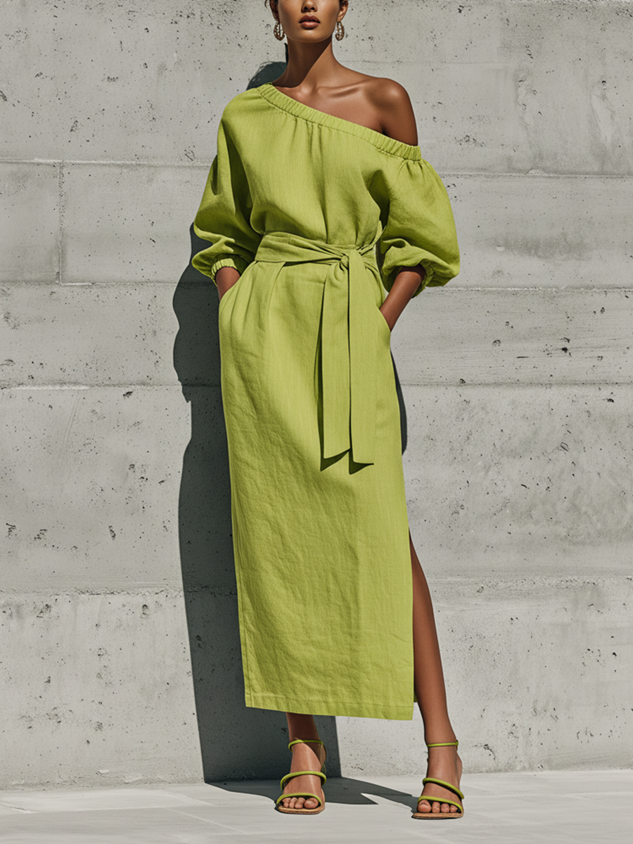 Robe Midi Femme Vert Citron en Lin Mélangé Épaules Dénudées Manches Bouffantes Ceinture Nouée Fente Latérale