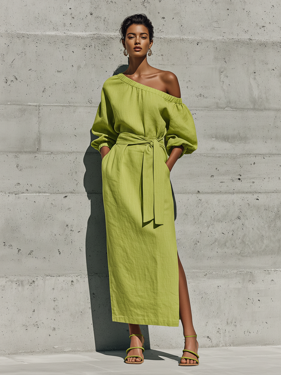 Robe Midi Femme Vert Citron en Lin Mélangé Épaules Dénudées Manches Bouffantes Ceinture Nouée Fente Latérale