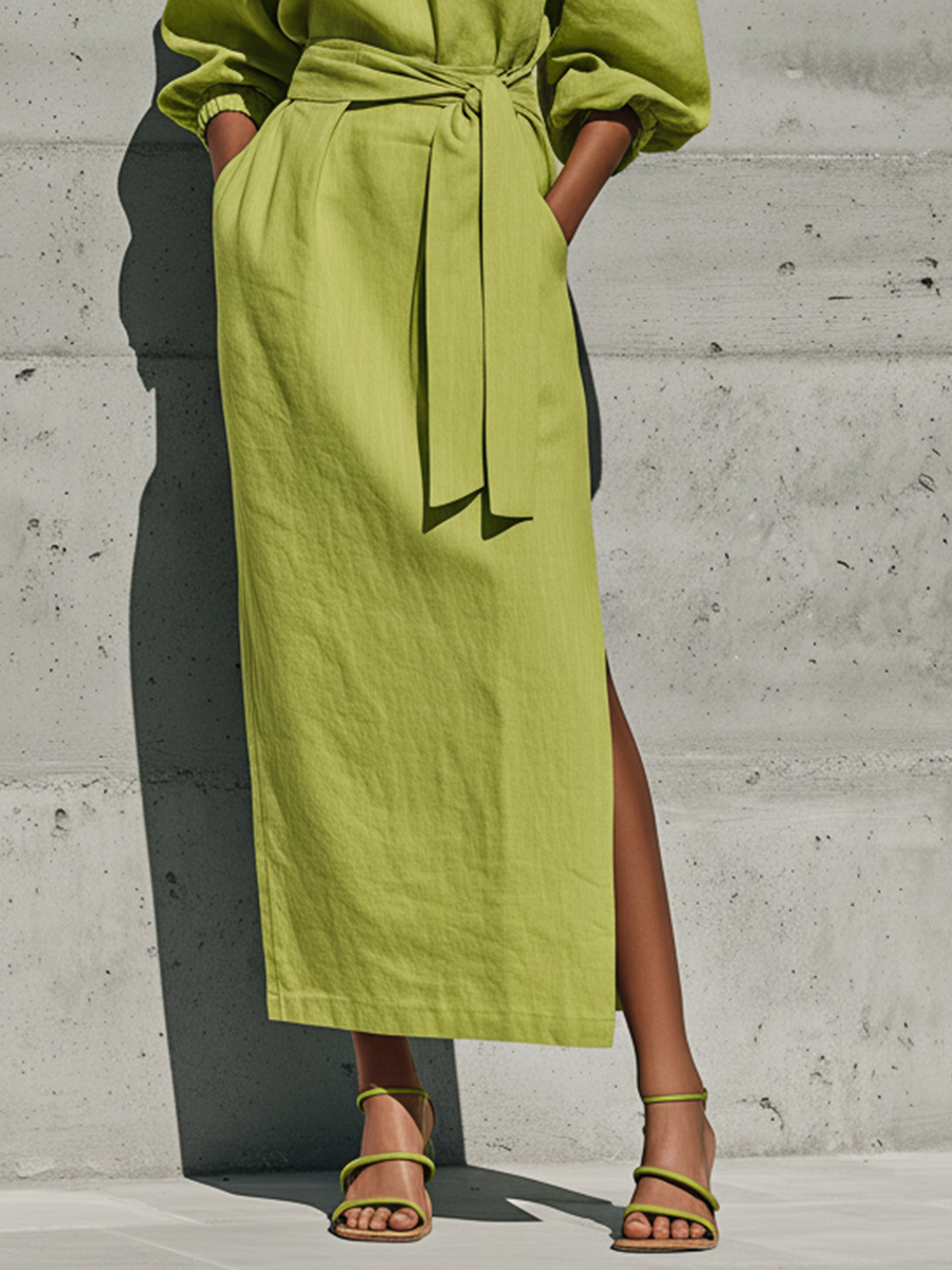 Robe Midi Femme Vert Citron en Lin Mélangé Épaules Dénudées Manches Bouffantes Ceinture Nouée Fente Latérale