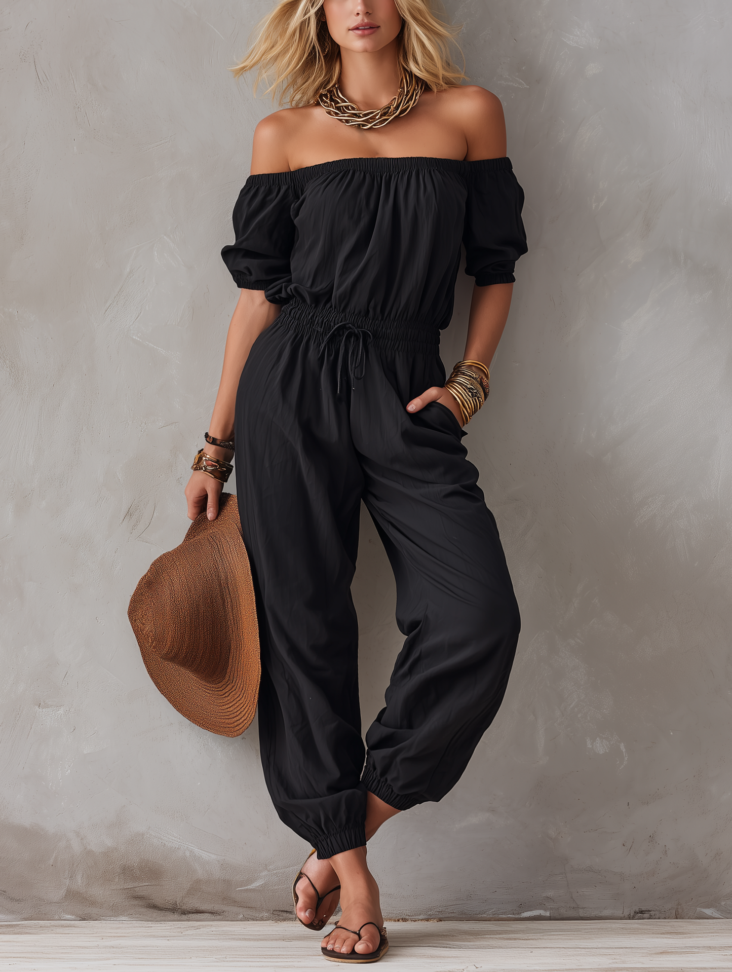 Combinaison Femme Casual Noire Tissée Sans Bretelles Épaules Dénudées