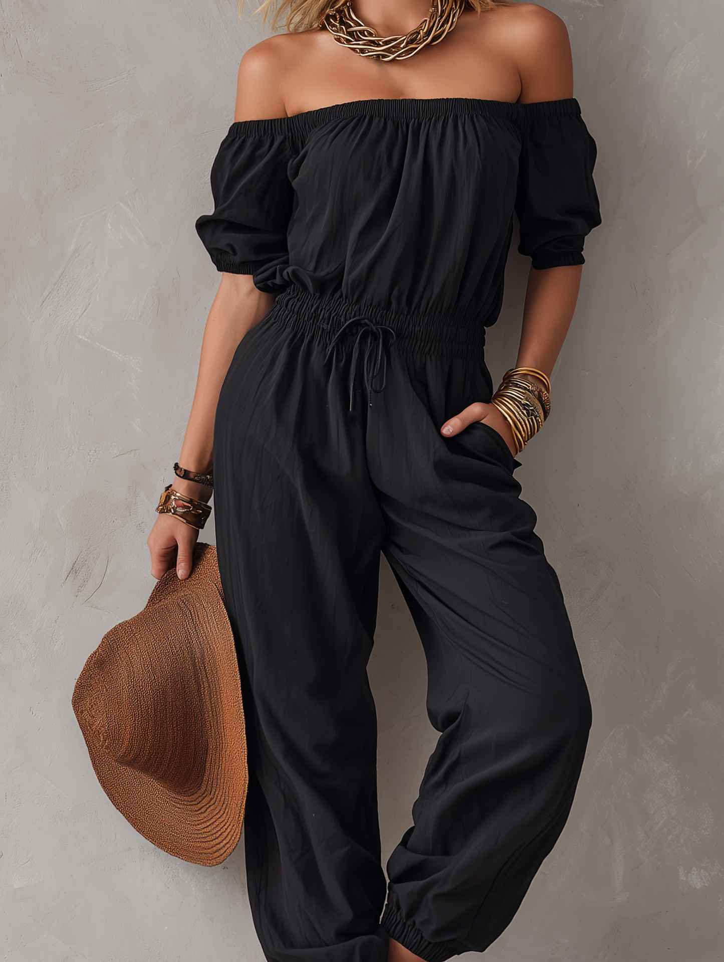Combinaison Femme Casual Noire Tissée Sans Bretelles Épaules Dénudées
