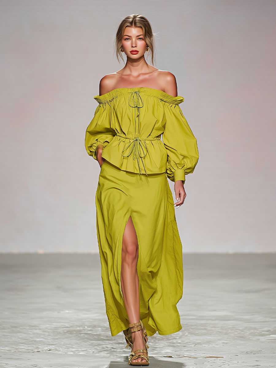 Ensemble Deux Pièces Vert Citron – Top Épaules Dénudées & Jupe Maxi Fendue