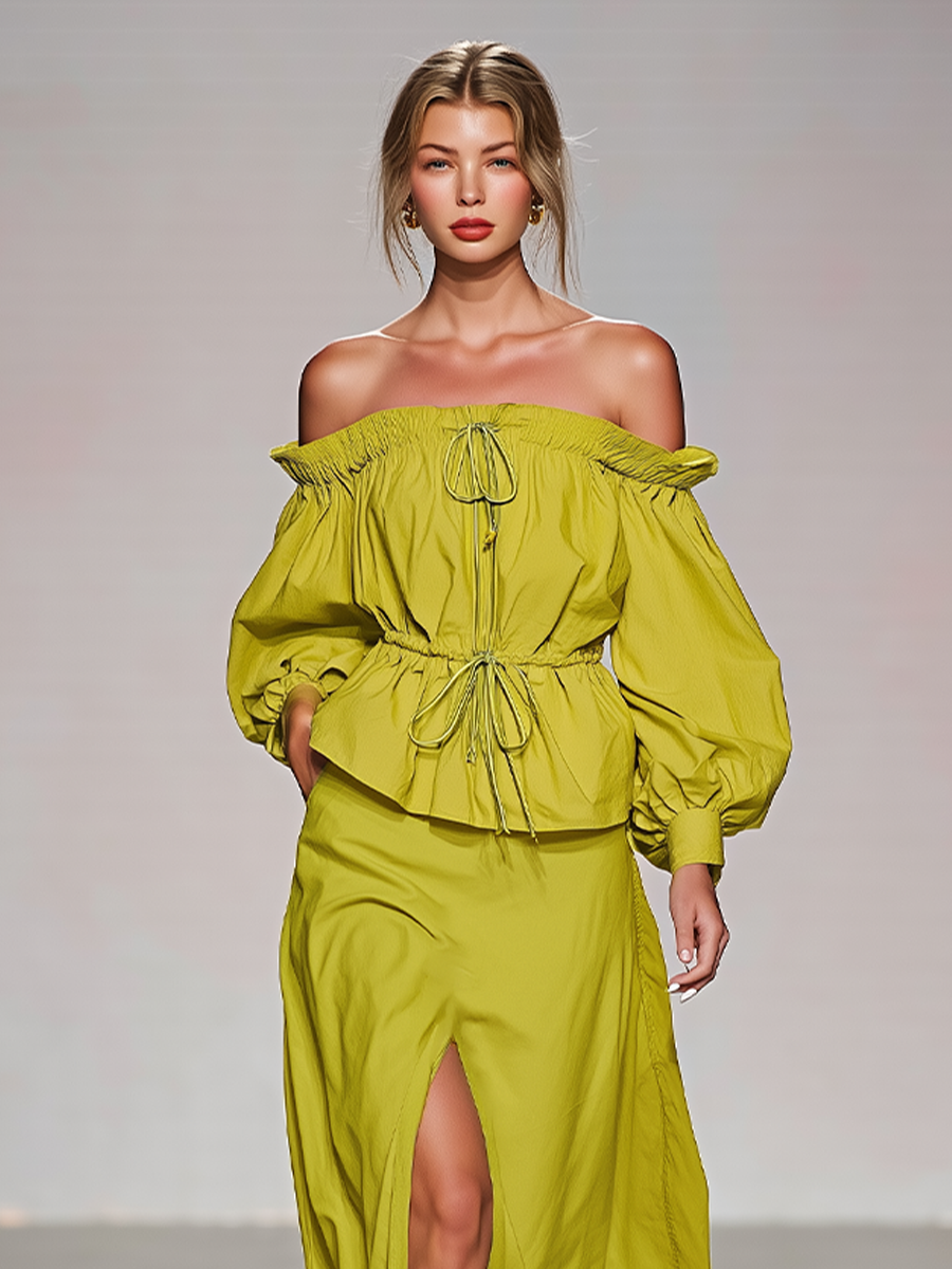 Ensemble Deux Pièces Vert Citron – Top Épaules Dénudées & Jupe Maxi Fendue