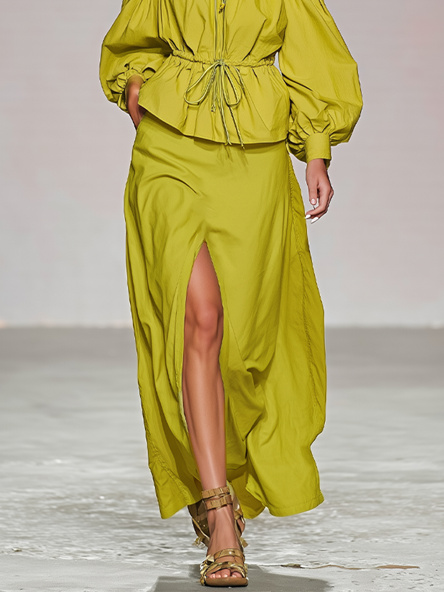 Ensemble Deux Pièces Vert Citron – Top Épaules Dénudées & Jupe Maxi Fendue