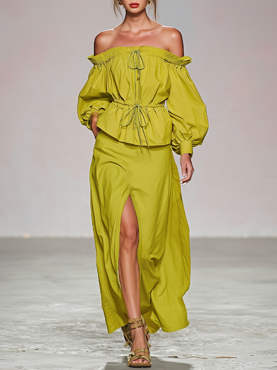 Ensemble Deux Pièces Vert Citron – Top Épaules Dénudées & Jupe Maxi Fendue
