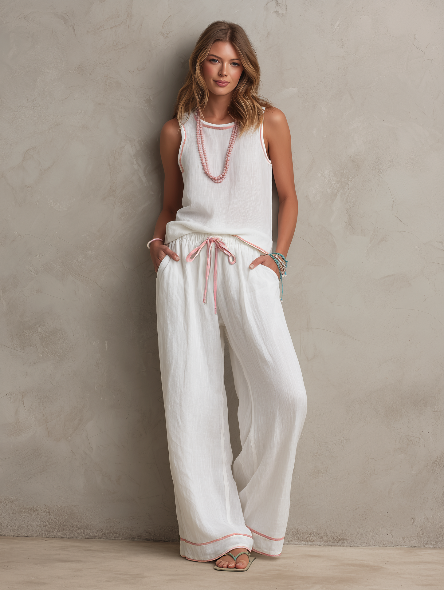 Ensemble Décontracté Femme – Top Sans Manches Blanc et Rose Col Rond avec Pantalon
