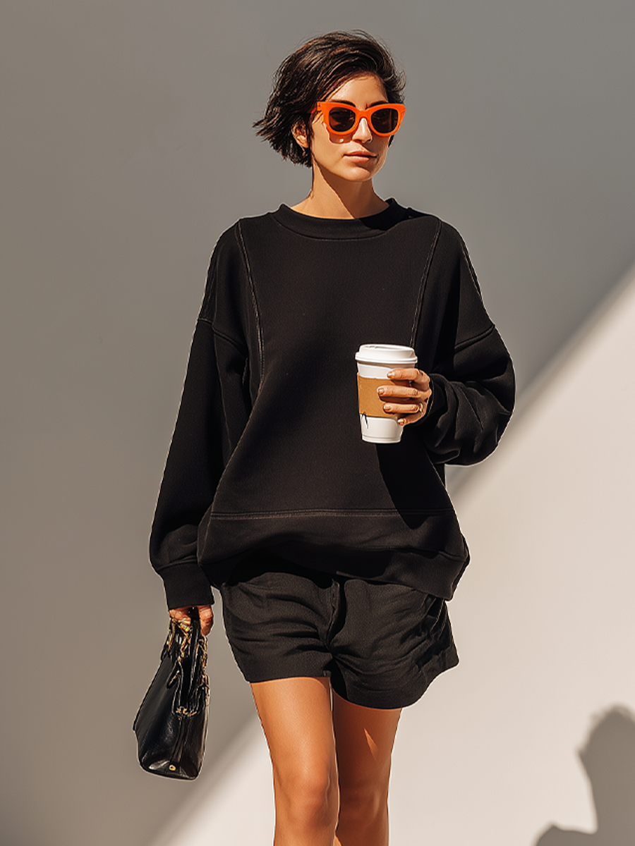 Ensemble Co-Ord Femme Noir Uni – Sweat Ample à Manches Longues & Short Décontracté, Style Athleisure Chic et Moderne MDZ2630F7LYL