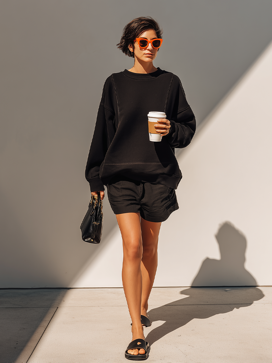 Ensemble Co-Ord Femme Noir Uni – Sweat Ample à Manches Longues & Short Décontracté, Style Athleisure Chic et Moderne MDZ2630F7LYL