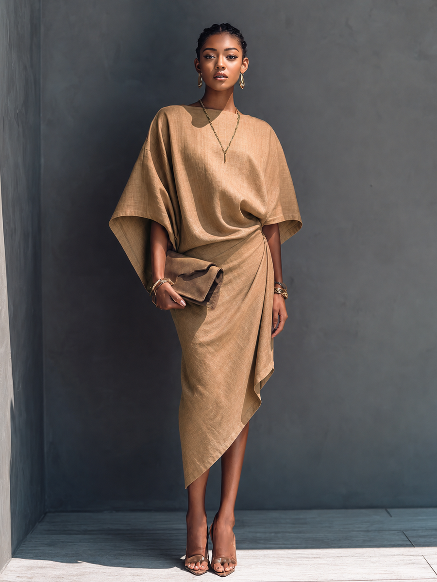 Robe Midi Femme Minimaliste Moderne Kaki Drapée Asymétrique à Manches Courtes