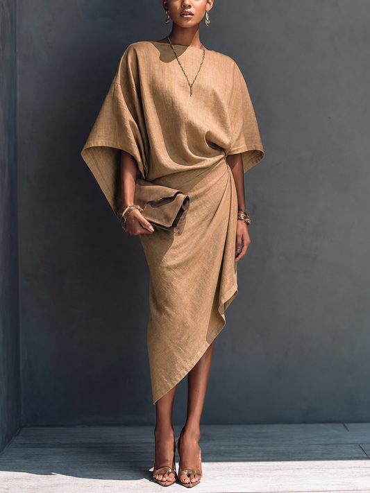 Modernes, minimalistisches Damen-Midikleid in Khaki, drapiert, asymmetrisch, mit kurzen Ärmeln