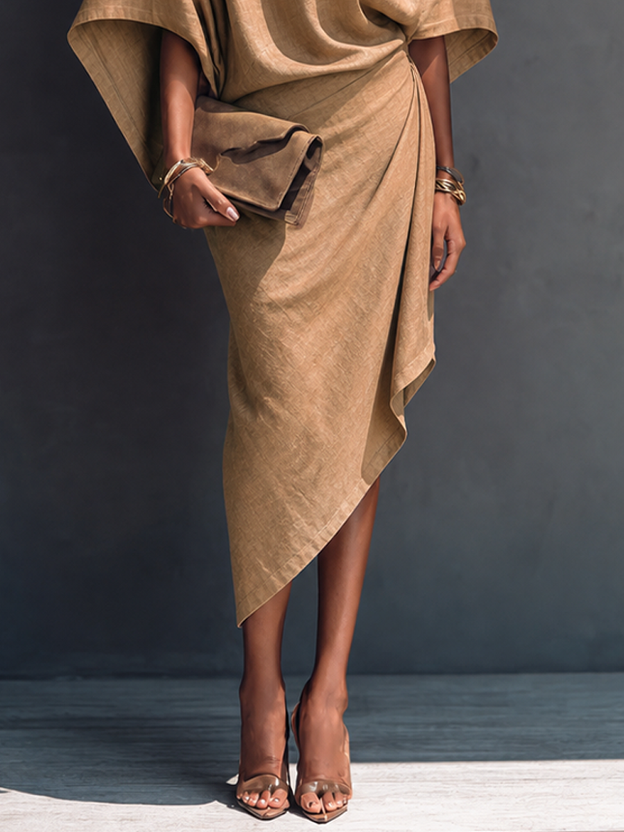 Robe Midi Femme Minimaliste Moderne Kaki Drapée Asymétrique à Manches Courtes