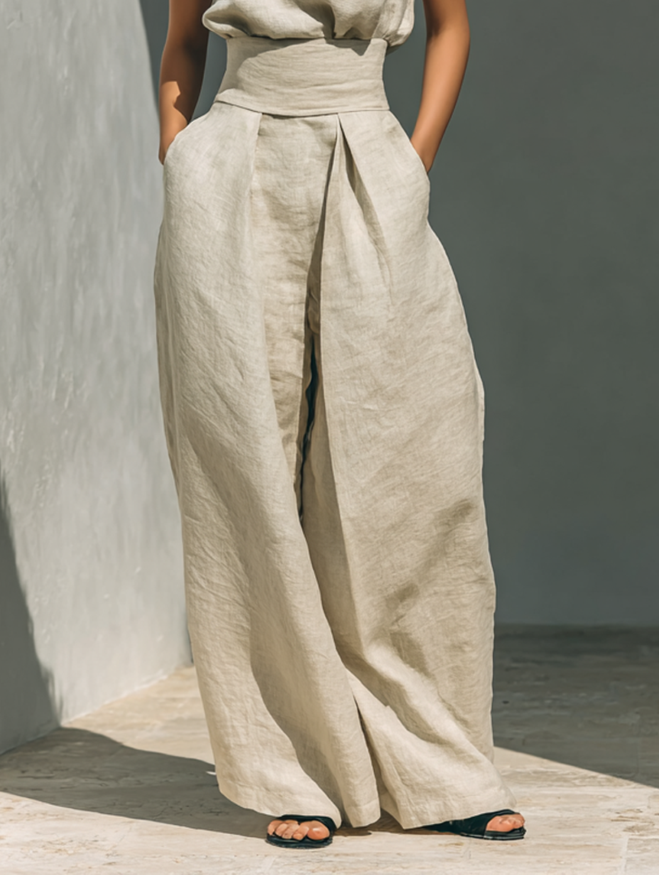 Maria™ | Ensemble complet avec top à bretelles et pantalon large en coton et lin