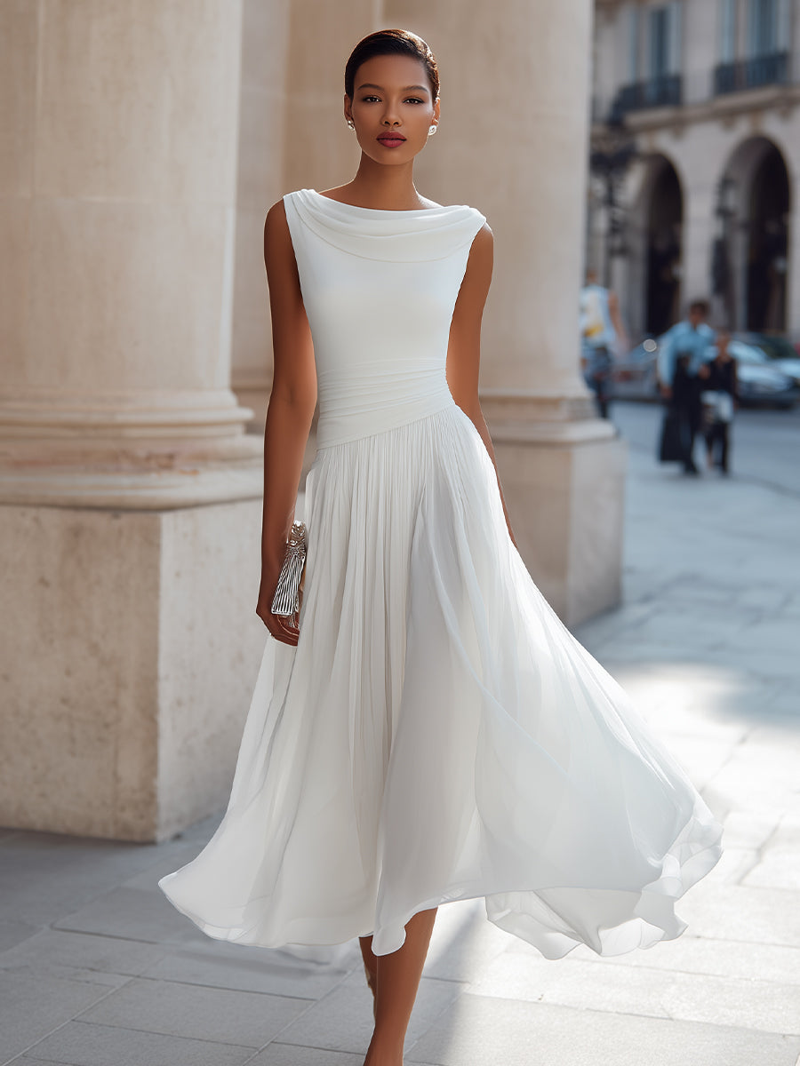 Robe midi plissée sans manches à col drapé