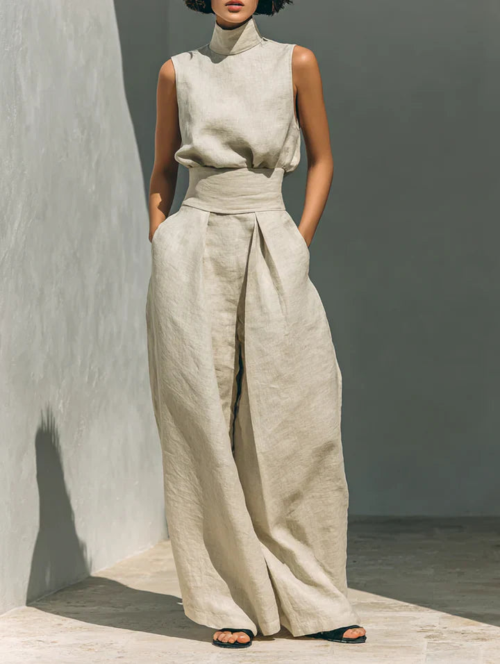 Flor| Ensemble Minimaliste Composé d'un Chemisier Sans Manches et d'un Pantalon Large en Coton et lin Pour Femme