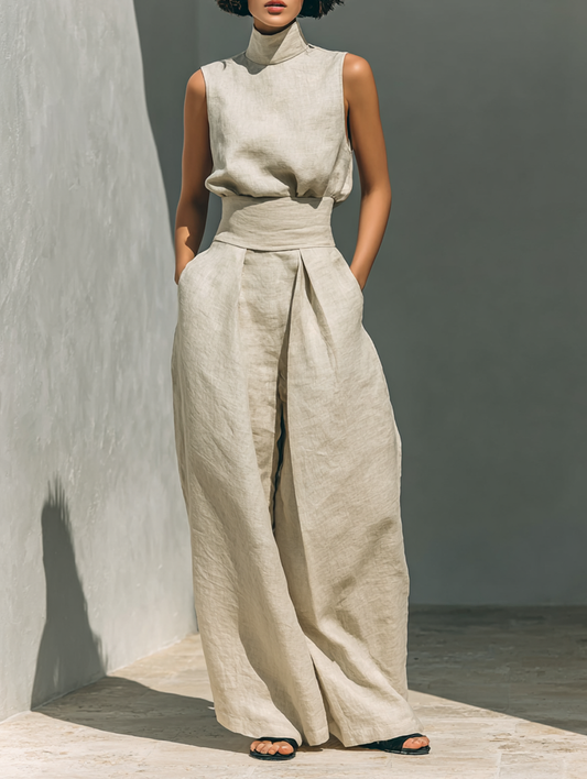 Maria™ | Ensemble complet avec top à bretelles et pantalon large en coton et lin