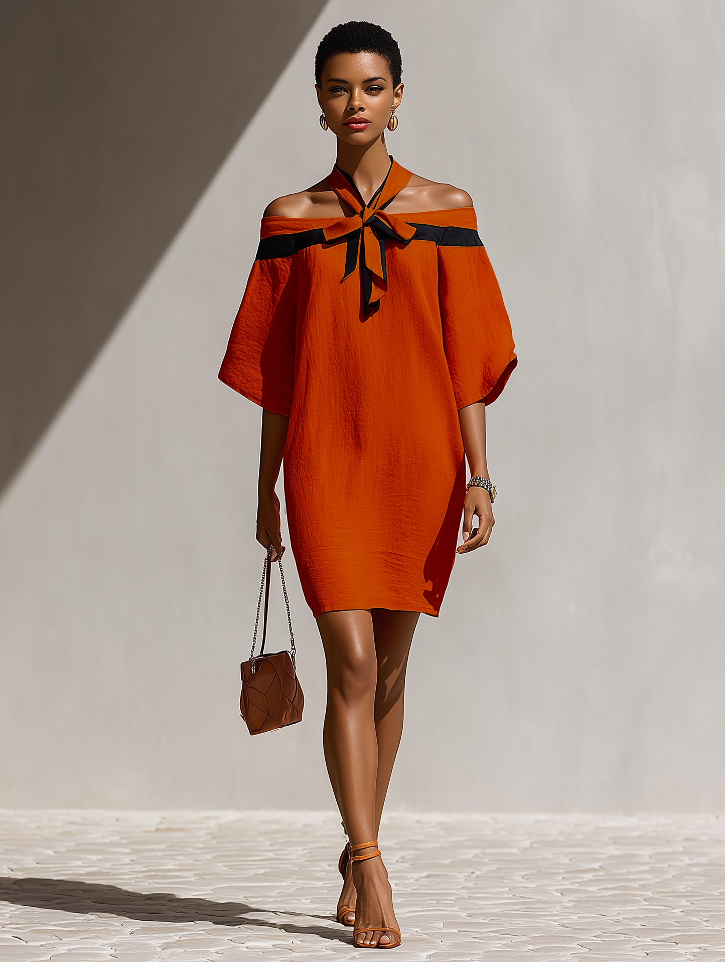 Robe Mini Femme Orange À Épaules Dénudées avec Détail Nœud Noir au Col