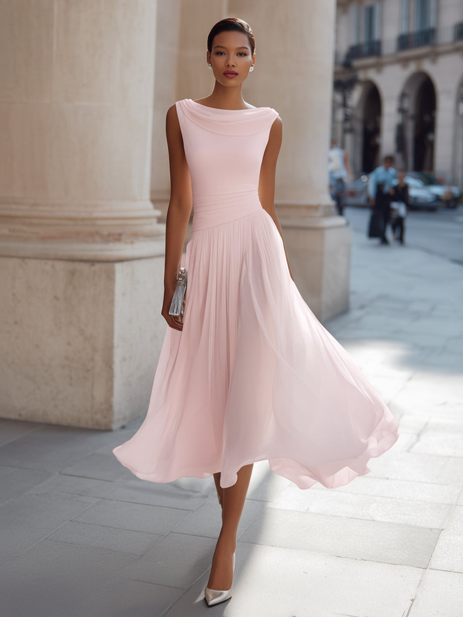 Robe midi plissée sans manches à col drapé