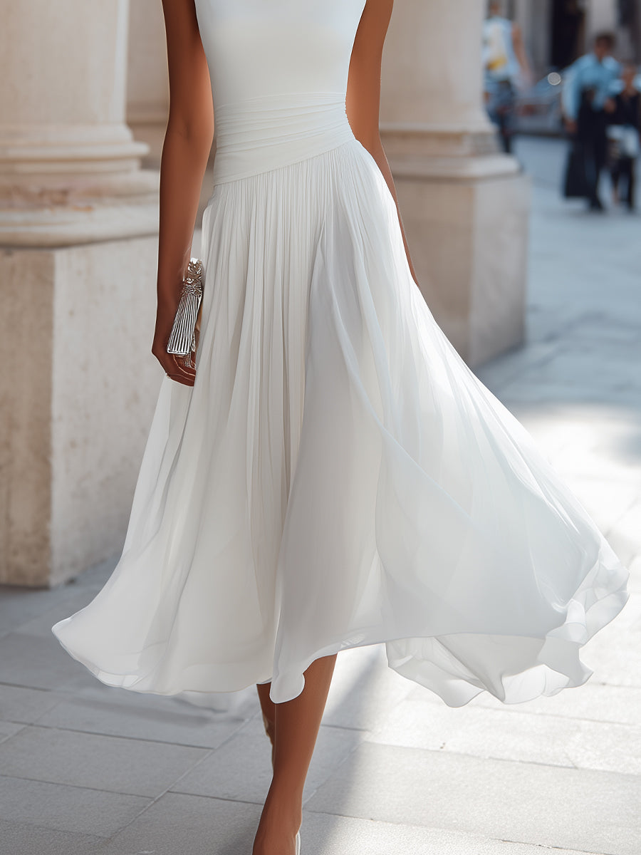 Robe midi plissée sans manches à col drapé