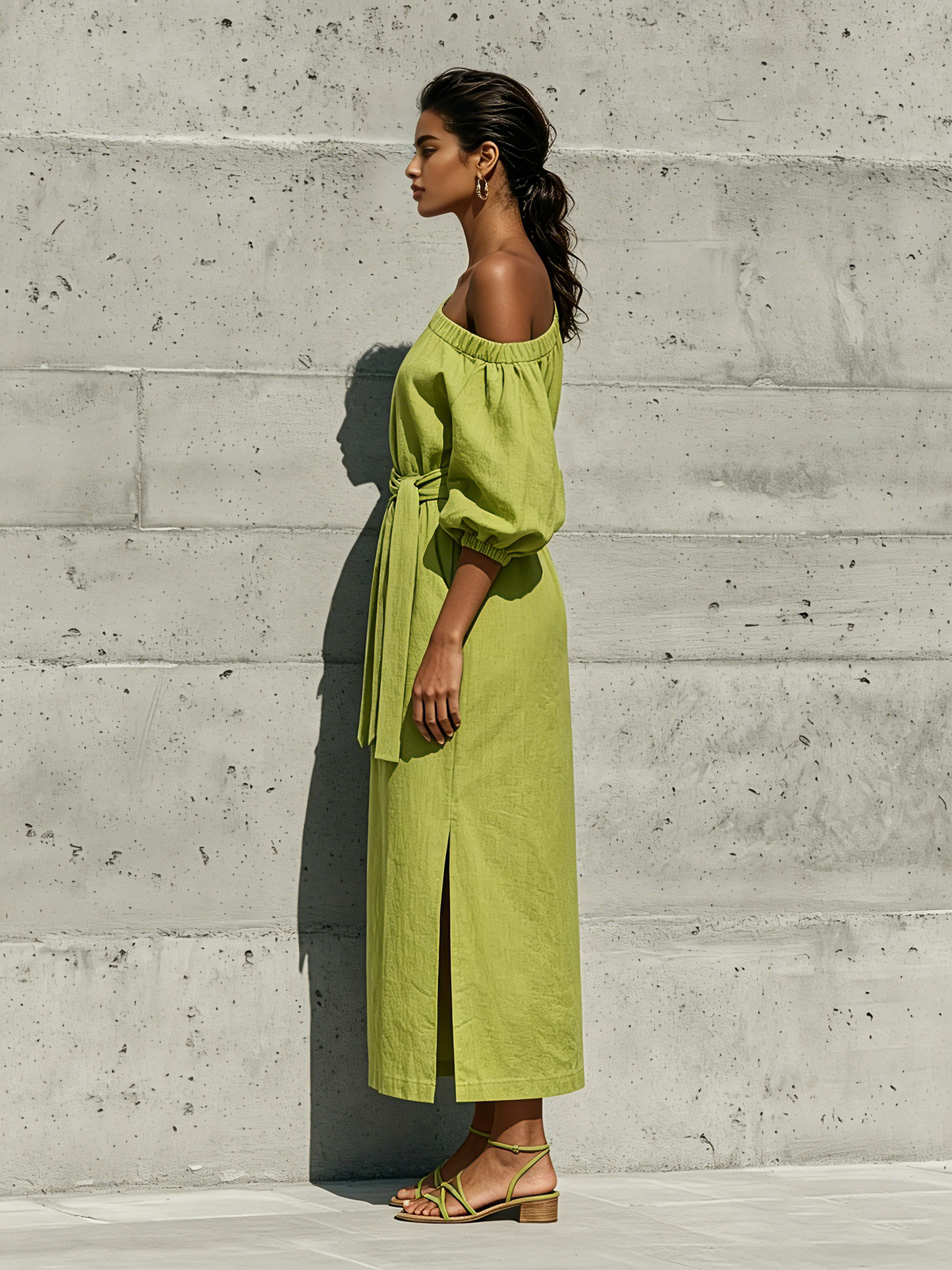 Robe Midi Femme Vert Citron en Lin Mélangé Épaules Dénudées Manches Bouffantes Ceinture Nouée Fente Latérale