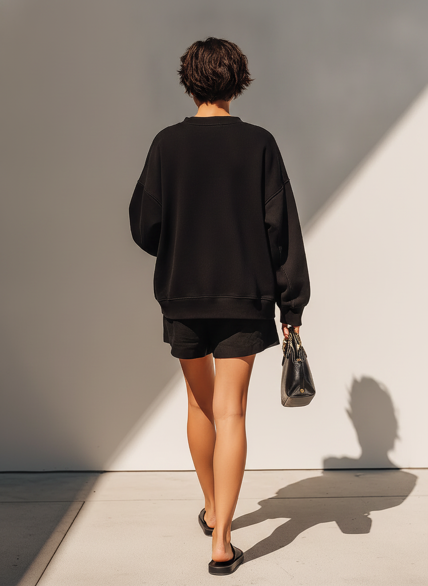 Ensemble Co-Ord Femme Noir Uni – Sweat Ample à Manches Longues & Short Décontracté, Style Athleisure Chic et Moderne MDZ2630F7LYL