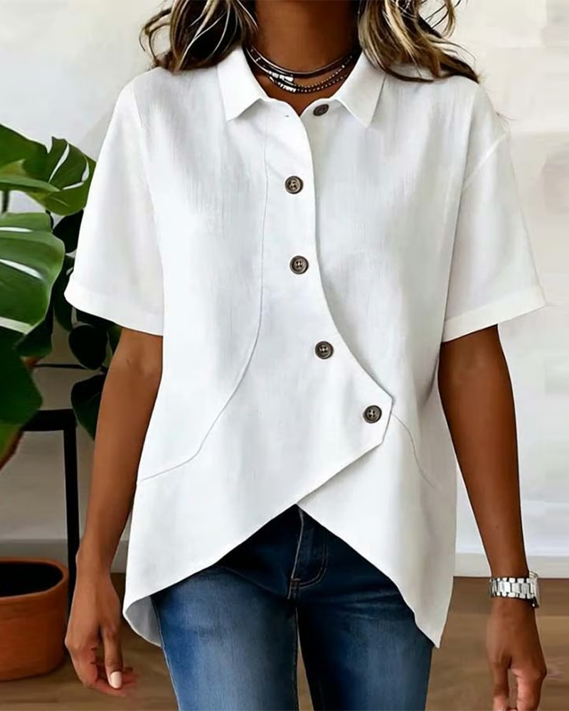 Julia - Chemisier Asymétrique en Coton et Lin Avec Boutons