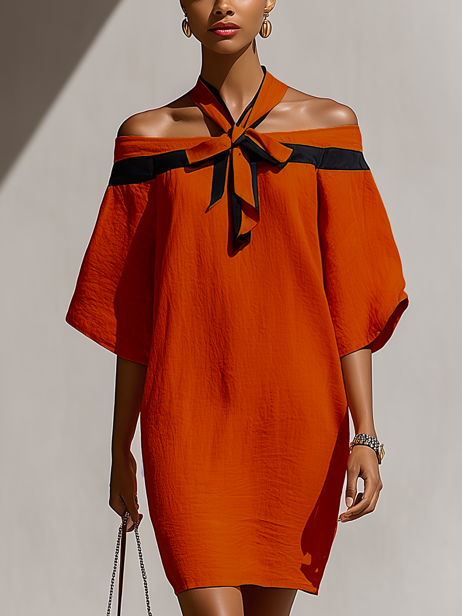 Robe Mini Femme Orange À Épaules Dénudées avec Détail Nœud Noir au Col