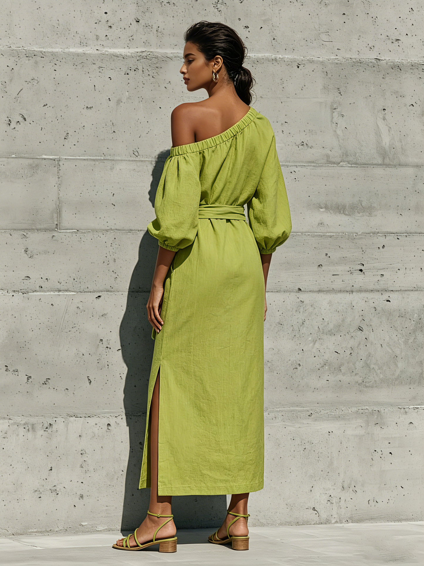 Robe Midi Femme Vert Citron en Lin Mélangé Épaules Dénudées Manches Bouffantes Ceinture Nouée Fente Latérale