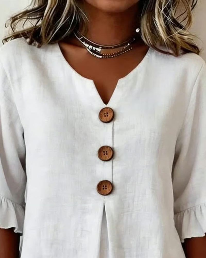 Chemisiers Sophia en coton et lin unis, avec boutons en bois et volants