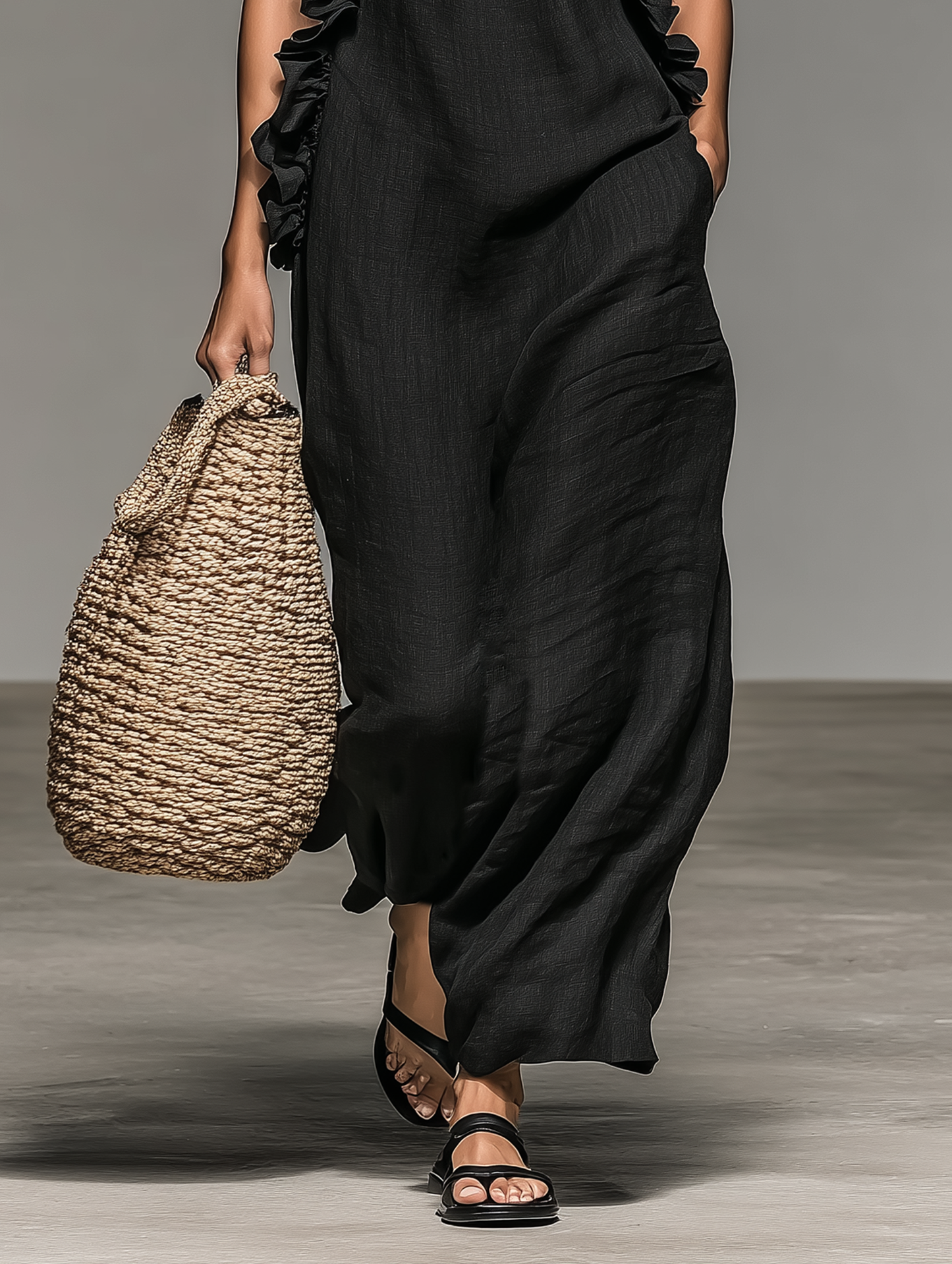 Robe Maxi Sans Manches en Lin Mélangé Minimaliste avec Détails Volantés Femme MDZ1622A0Y