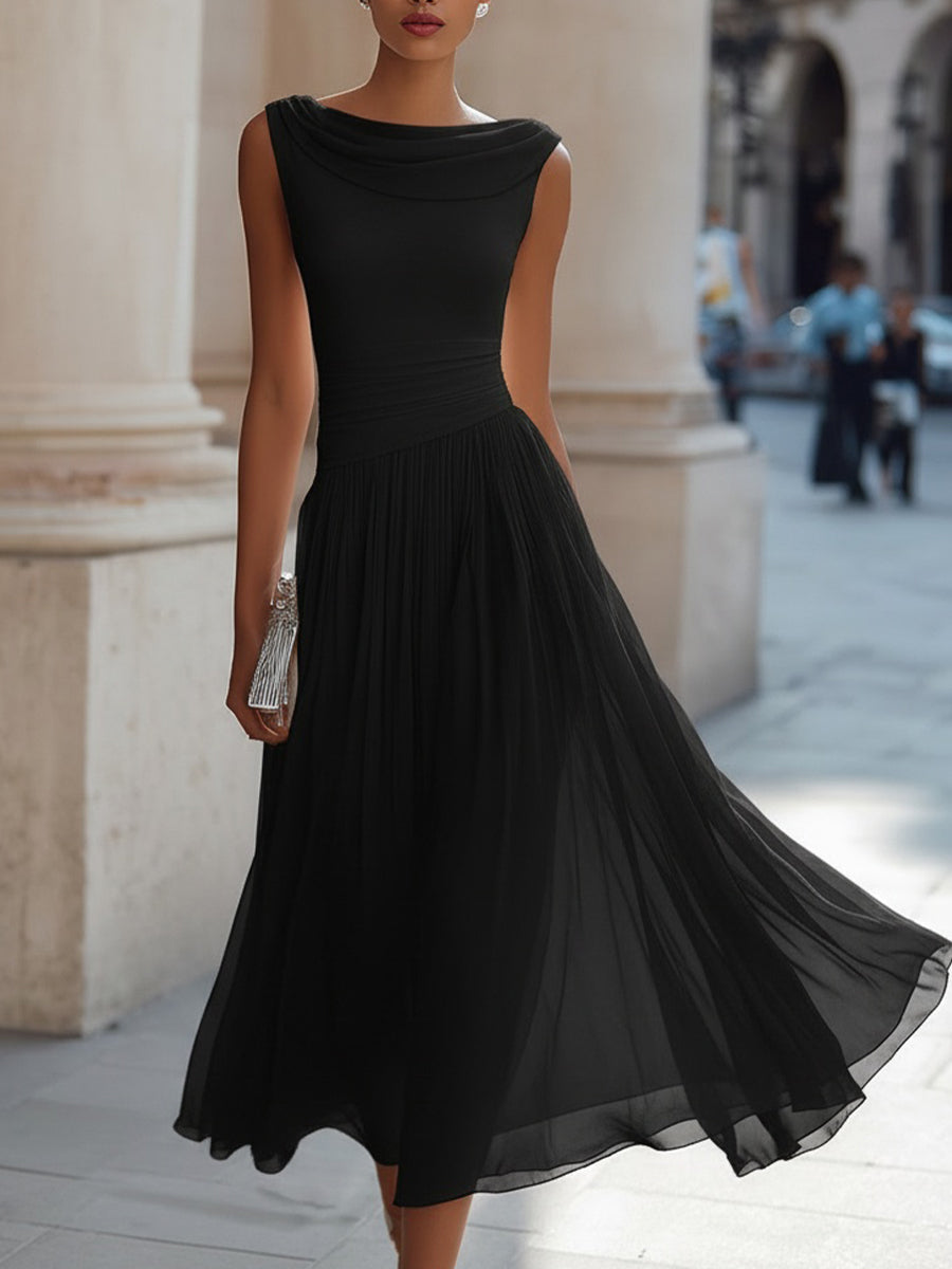 Robe midi plissée sans manches à col drapé