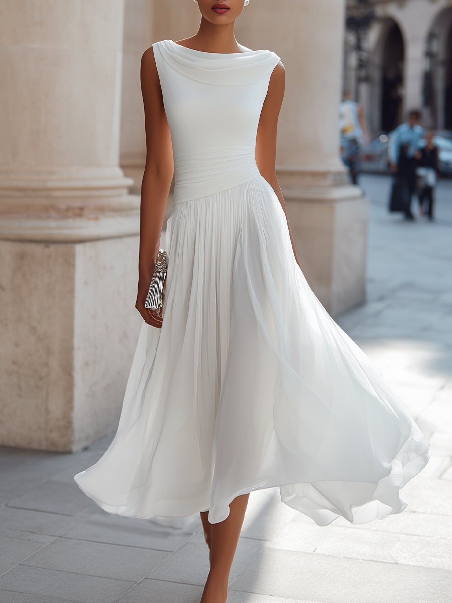 Robe midi plissée sans manches à col drapé
