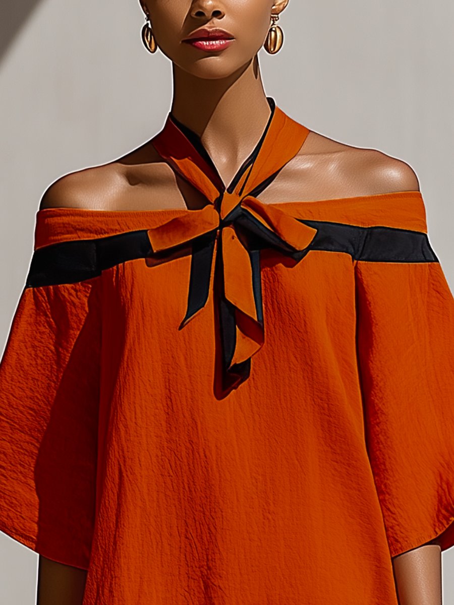 Robe Mini Femme Orange À Épaules Dénudées avec Détail Nœud Noir au Col