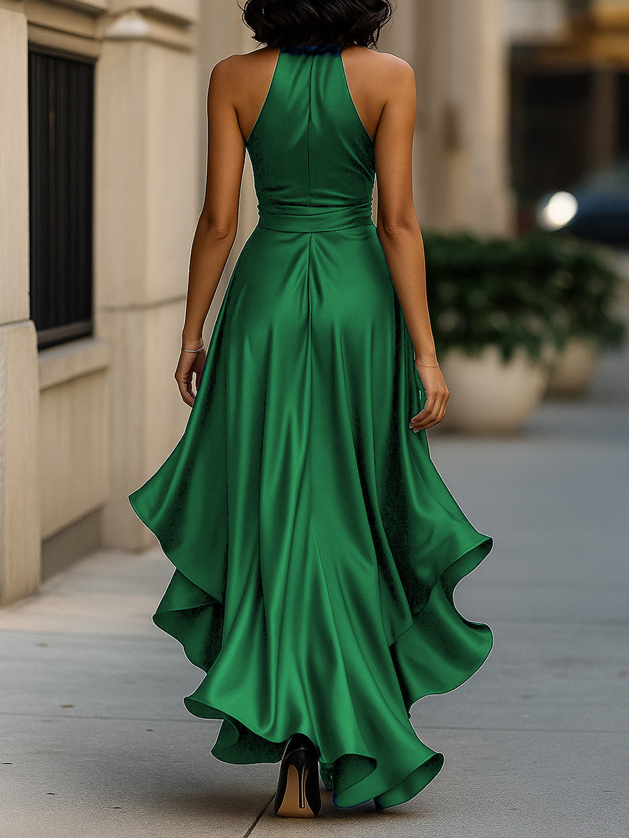 Robe dos nu en satin Midnight Elegance à volants
