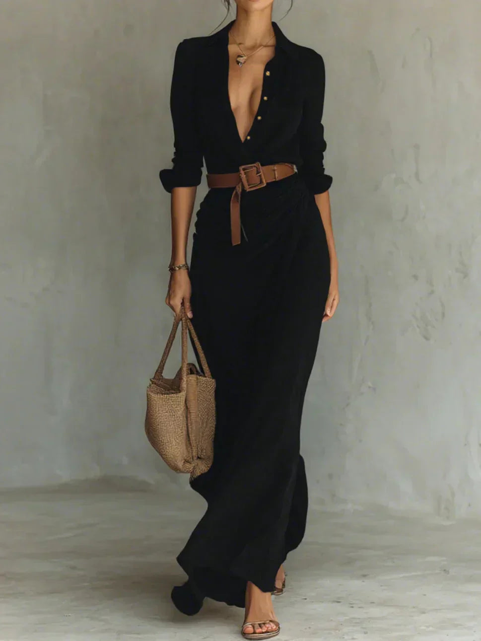 Camille | Robe Longue à Col et Ceinture