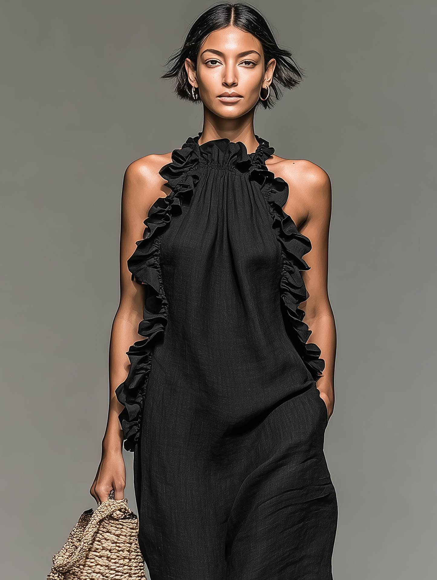Robe Maxi Sans Manches en Lin Mélangé Minimaliste avec Détails Volantés Femme MDZ1622A0Y