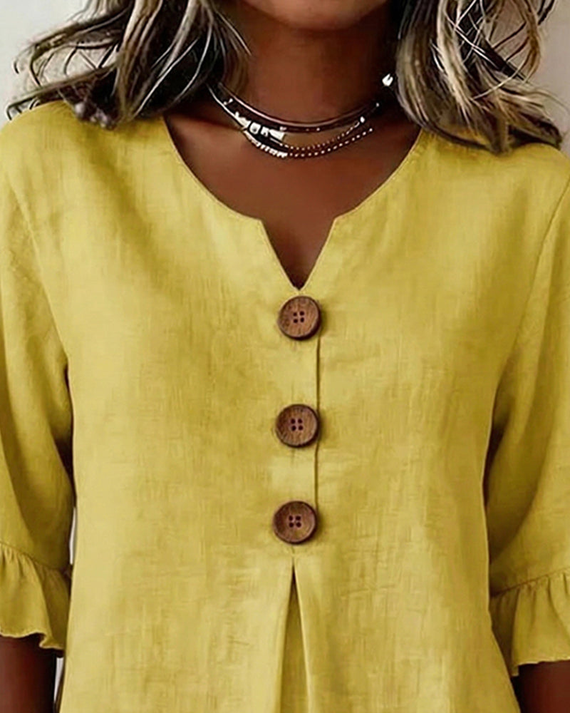 Chemisiers Sophia en coton et lin unis, avec boutons en bois et volants