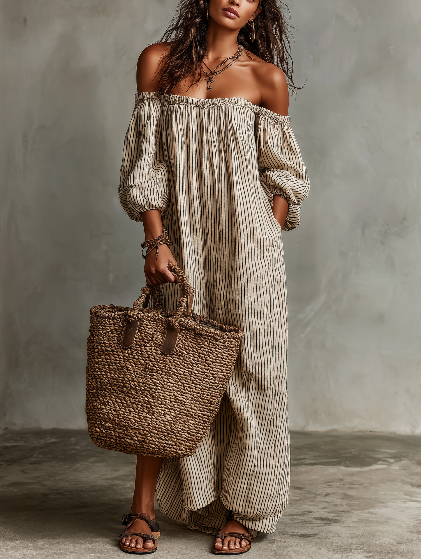 Carmen | Robe Longue en Coton et Lin avec Décolleté Off-the-Shoulder