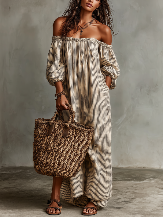 Carmen | Robe Longue en Coton et Lin avec Décolleté Off-the-Shoulder