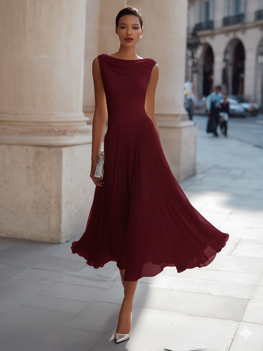 Robe midi plissée sans manches à col drapé