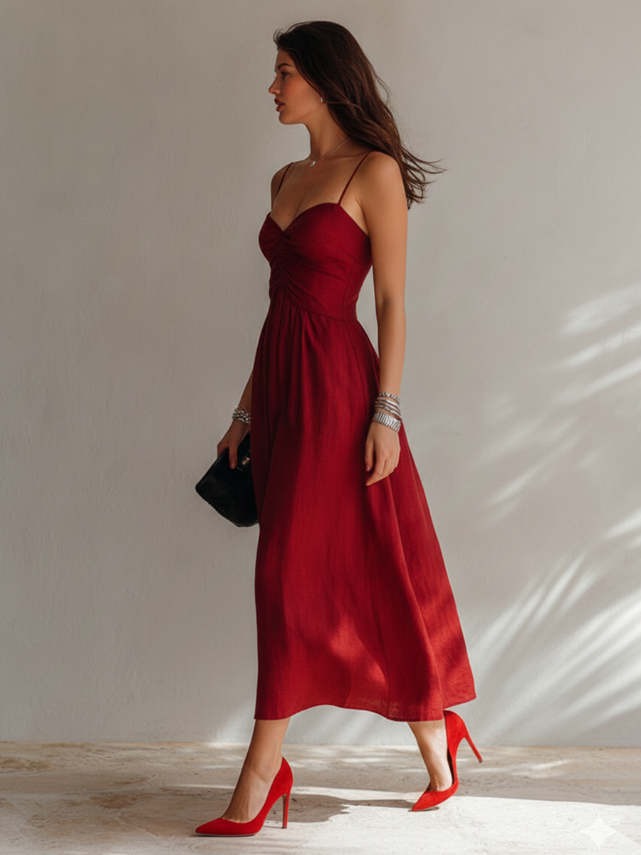 Robe Midi Femme Mélangé Minimaliste Froncée à Bretelles Spaghetti