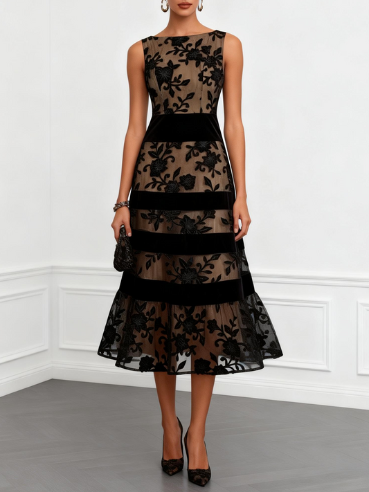 Robe Midi en Maille Noire Florale Sans Manches Coupe A