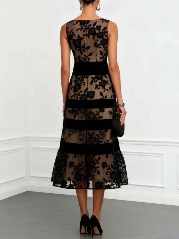 Robe Midi en Maille Noire Florale Sans Manches Coupe A