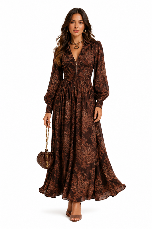 Ariane | Robe Longue à Imprimé Cachemire et Taille Cintrée