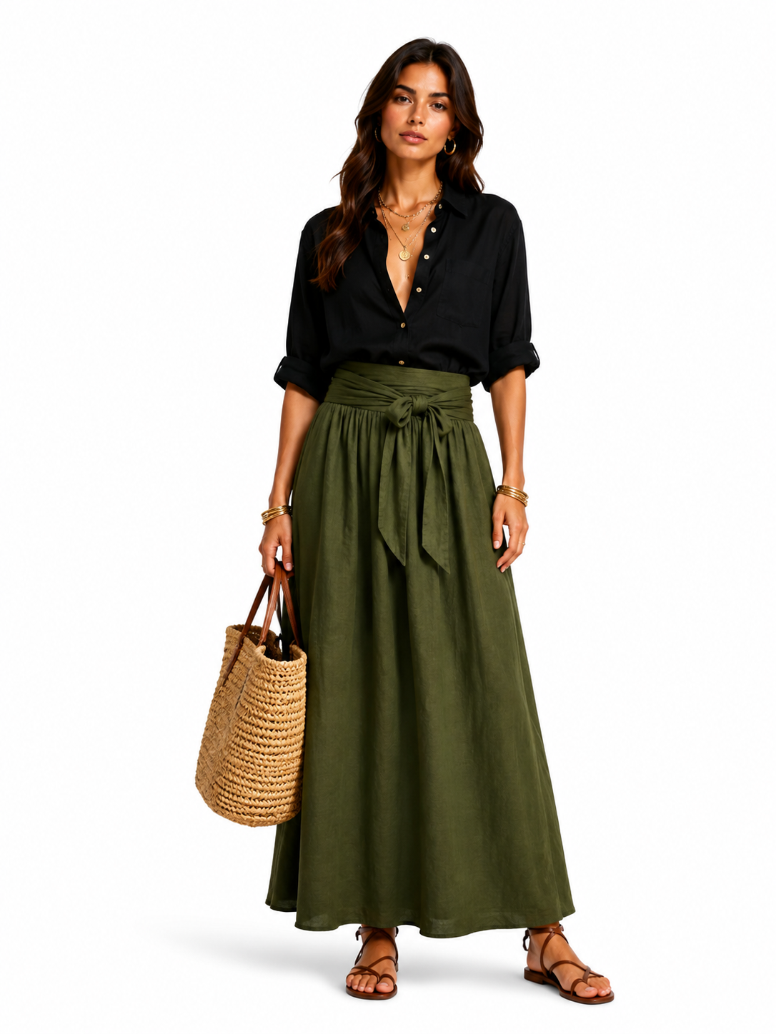 Vera | Ensemble Deux Pièces : T-shirt Noir Et Jupe Midi Vert Olive