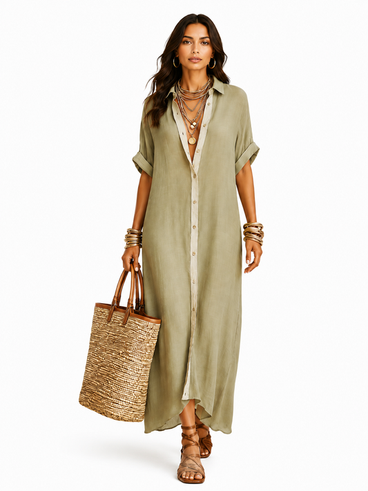 Manelle | Robe Longue Vert Olive Aux Lignes Minimalistes