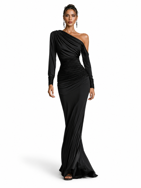 Célina | Robe Longue Asymétrique en Satin Noir