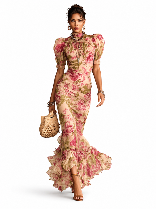 Rosalie | Robe Longue Imprimée Rose Vintage