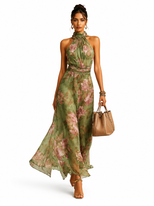 Florine | Robe Longue à Imprimé Floral Vert